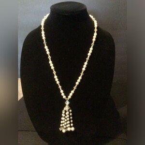 Vintage Necklace w Faux Pearl & Faux Crystal Tassel Chandelier Pendant